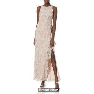 Alex Evenings Sleeveless Dress w/Cascade Ruffle & Front Slit, Buff